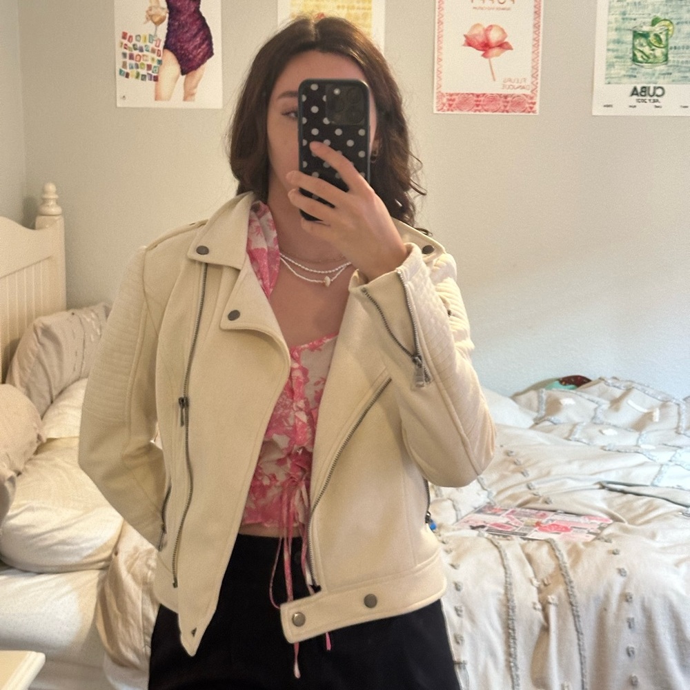 Beige suede biker jacket - Picture 4 of 7